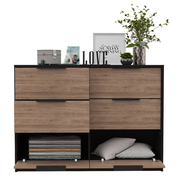 English Elm 4 Drawer Double Dresser Maryland Multicolor - Modern Black & Pine Finish, 4 Drawers + 2 Cabinets, Durable Particleboard B092S00076