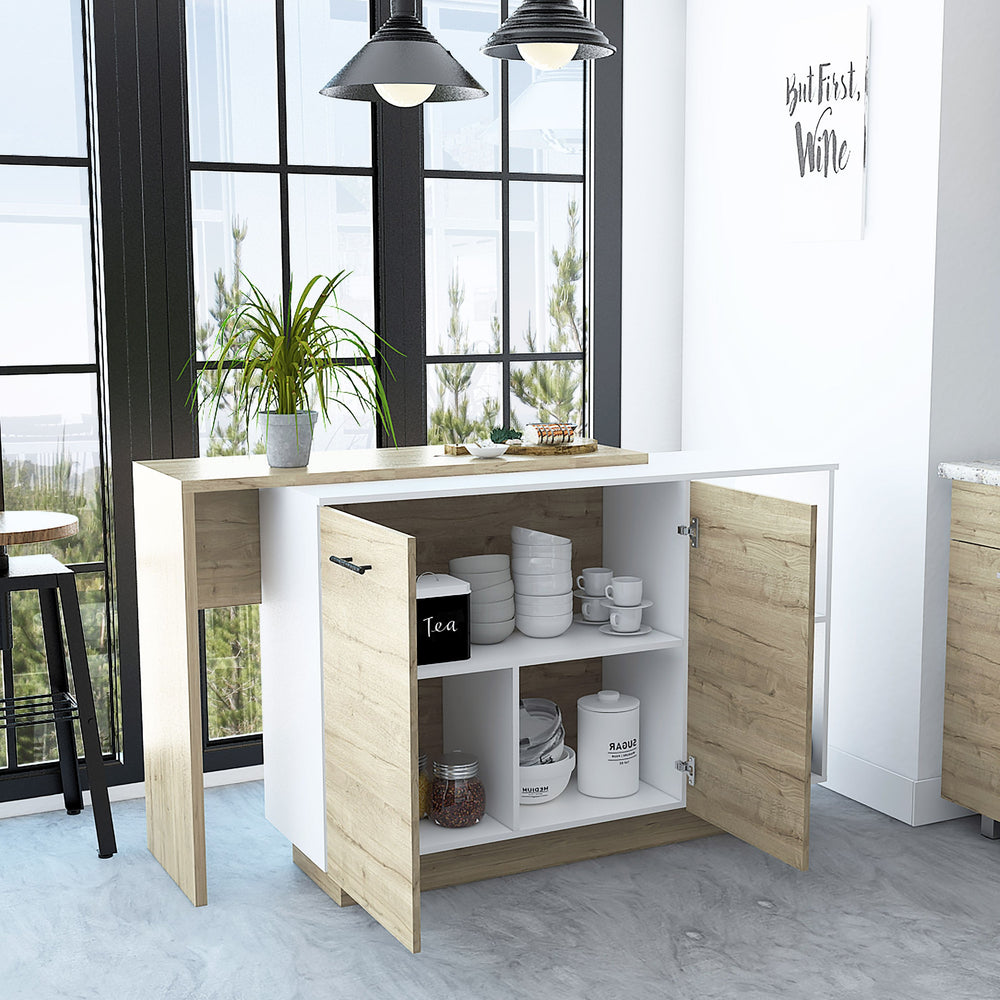 English Elm Kitchen Kitchen Island Ohio White & Light Oak Accent Table – Modern Storage Island with Shelves, Durable Particleboard Finish B092S00091