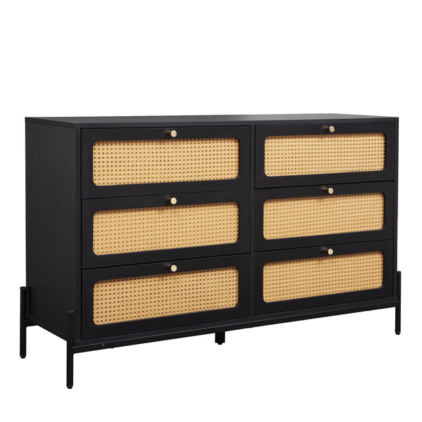English Elm Rattan 6-Drawer Dresser with Rattan Doors & Gold Handles, Water-Resistant MDF, Spacious Storage W1321132577