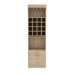 English Elm Bar Cabinet Atanasio Light Pine Beige – 16 Wine Cubbies, Glass Rack, Flexible Shelf, Durable Particleboard B092S00013
