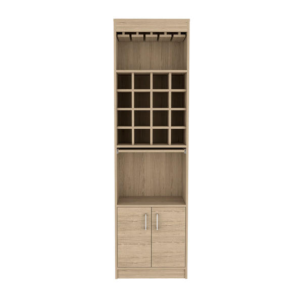 English Elm Bar Cabinet Atanasio Light Pine Beige – 16 Wine Cubbies, Glass Rack, Flexible Shelf, Durable Particleboard B092S00013
