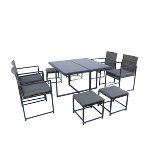 English Elm 9 Patio Dining Set - Space-Saving Rattan Outdoor 9-Piece with Glass Top, Grey Wicker & Cushions W329S00041