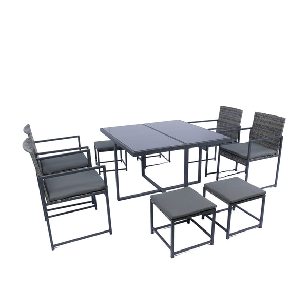 English Elm 9 Patio Dining Set - Space-Saving Rattan Outdoor 9-Piece with Glass Top, Grey Wicker & Cushions W329S00041