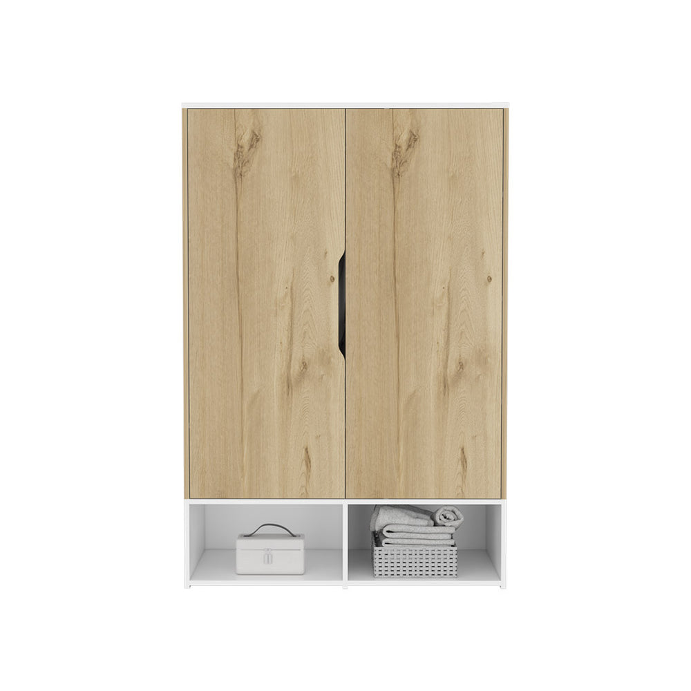 English Elm Armoire Barletta Light Oak/White Double-Door Wardrobe with Hanging Rod, 5 Shelves & Open Storage B092S00057