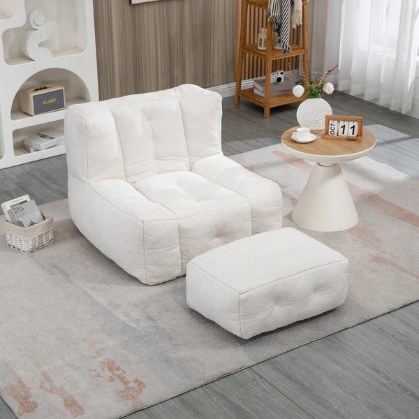 English Elm Fluffy Velvet Bean Bag Lounge Chair with Ottoman Memory Foam Adult Bedroom Seating White W1996131041