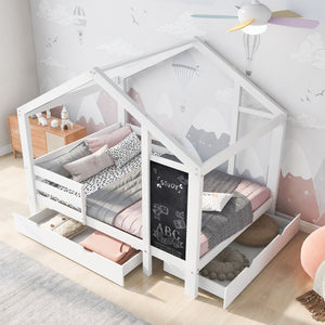 English Elm Twin House Bed with Chalkboard, Built-In Drawers & 350lb Capacity, Pine/Plywood Twin Loft Style AA20571415W