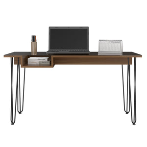 English Elm Desk Rolo140 Mahogany Industrial Office Desk with Glass Top, Metal Legs, Shelf — Durable Particleboard Design B092S00116
