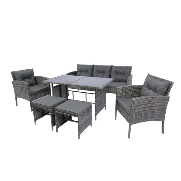 English Elm 6 Piece Patio Wicker Sectional Set with Space-Saving Nesting Design, Steel Frame, Tempered Glass Table and Weatherproof Cushions Grey W329S00042
