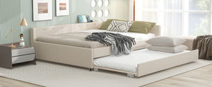 English Elm Queen Upholstered Platform Bed with USB & Twin Trundle, Beige Linen, 600lb Capacity, Modern Design DL000559AAA