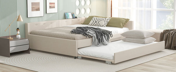 English Elm Queen Upholstered Platform Bed with USB & Twin Trundle, Beige Linen, 600lb Capacity, Modern Design DL000559AAA