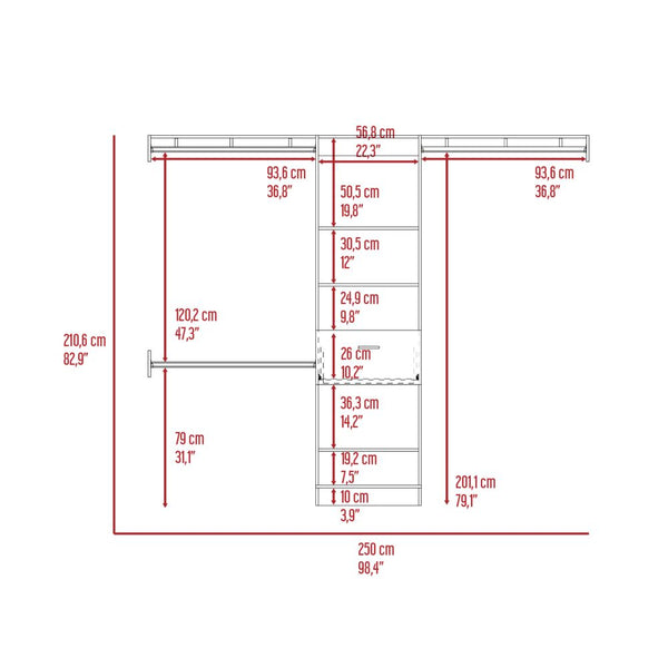 English Elm 250 Closet System British Dark Walnut Bedroom Organizer – 5 Shelves, 1 Drawer, 3 Rods, Durable 99.7" Top Finish B092S00026