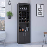 Modern Black Bar Cabinet with Wine Glass Rack, Cubbies, and Retractable Tray - 71.1'' H x 20'' L x 12.7'' D