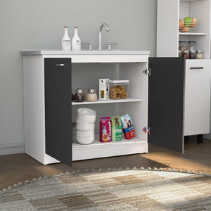 English Elm Utility Sink Cabinet Freestanding Stainless Steel Basin White Farmhouse Storage B092S00094