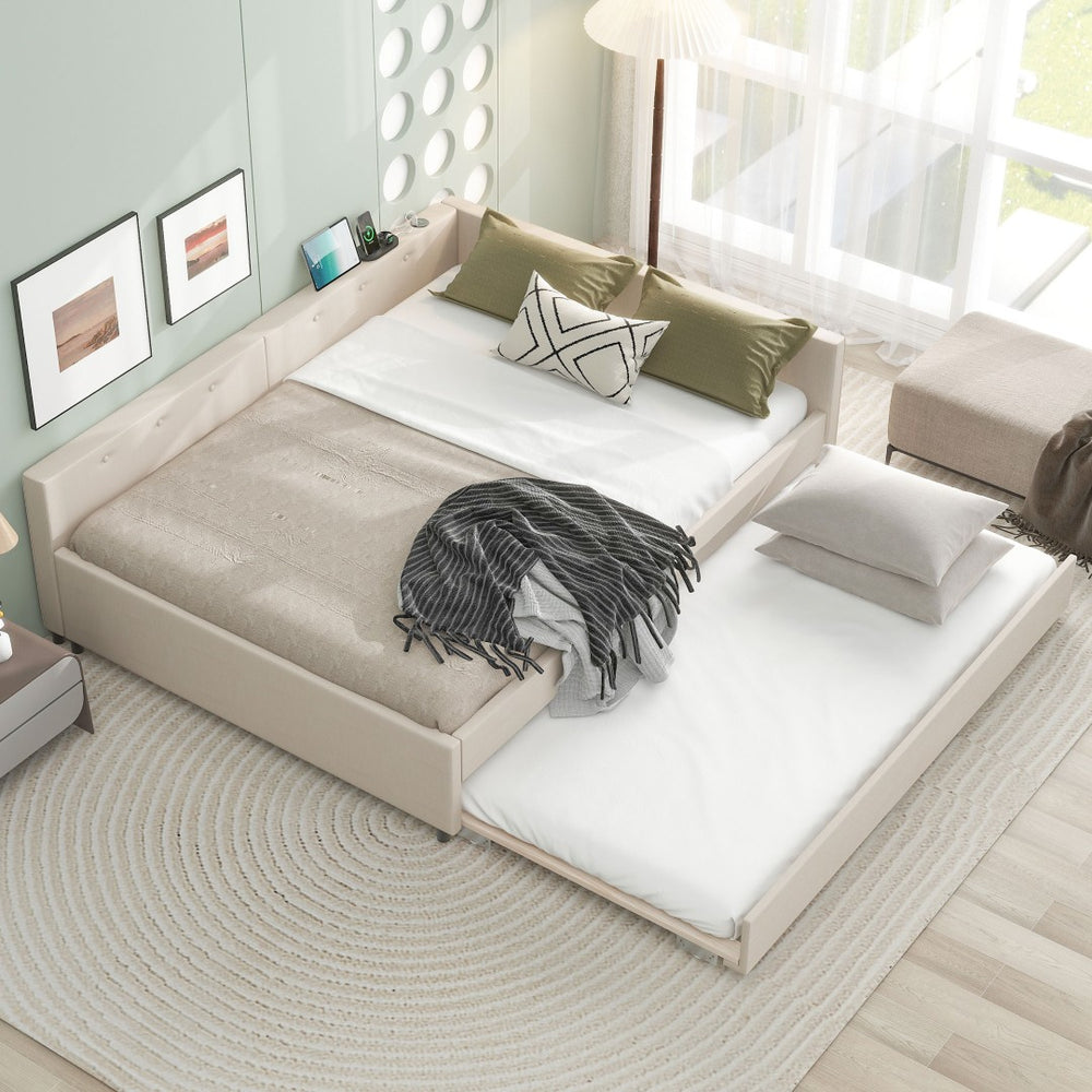 English Elm Queen Linen Upholstered Platform Bed with Pull Out Trundle and Built in Usb Ports DL000559AAA-1