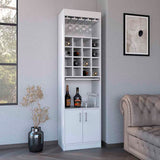 Modoc White Bar Cabinet with Wine Glass Rack, 16 Cubbies, Retractable Tray - 71.1'' H x 20'' L x 12.7'' D