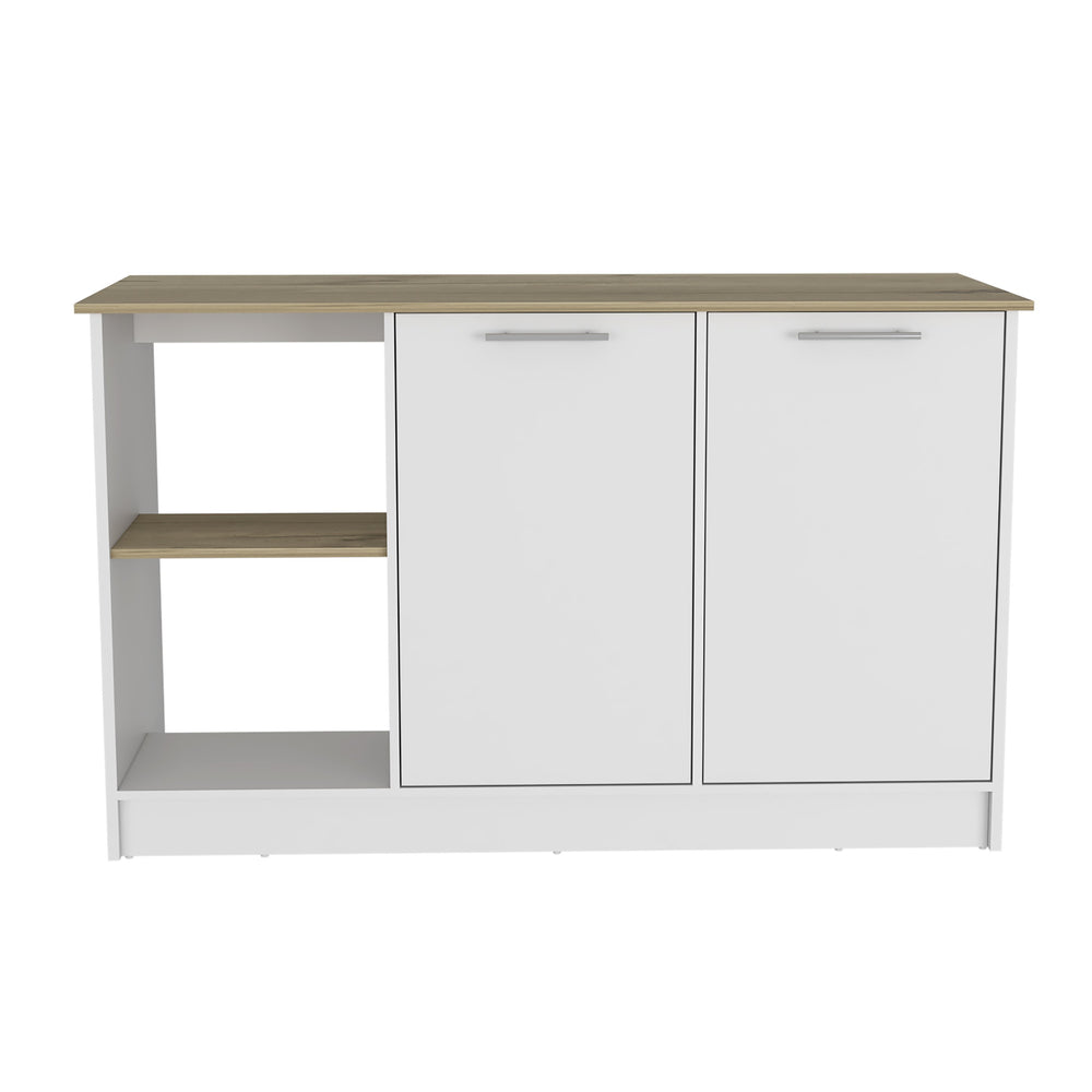 English Elm Kitchen Island Padua White/Light Oak with 59" Countertop, Open Shelves & Double-Door Cabinet Storage — Durable Design B092S00098