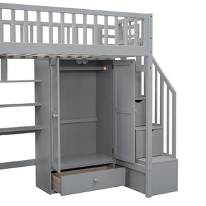 English Elm Twin Loft Bed with Integrated Desk Wardrobe Bookshelf and Storage for Kids Rooms Gray LT100668AAE