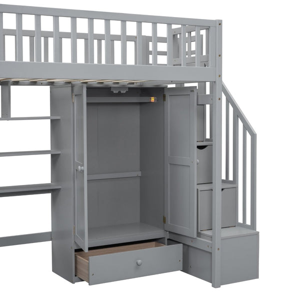 English Elm Twin Loft Bed with Integrated Desk Wardrobe Bookshelf and Storage for Kids Rooms Gray LT100668AAE