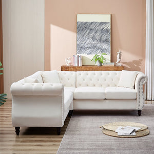 English Elm 83.5-inch L-shaped Sectional Sofa Five Seat Corner Couch with Chesterfield Inspired Style Beige W834S00601