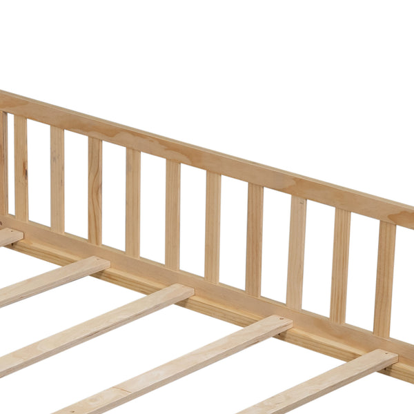 English Elm Full Full Size Floor Platform Bed with Safety Fence and Door, Montessori Toddler Frame with Slats, Sturdy Pine Construction for Secure Sleep and Playtime Natural 77.76 L x 17.52 W x 6.3 H W1716132149