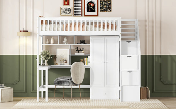 English Elm Twin Loft Bed with Integrated Desk Wardrobe Bookshelf and Storage for Kids Rooms LT100668AAK