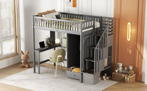 English Elm Twin Loft Bed with Integrated Desk Wardrobe Bookshelf and Storage for Kids Rooms Gray LT100668AAE