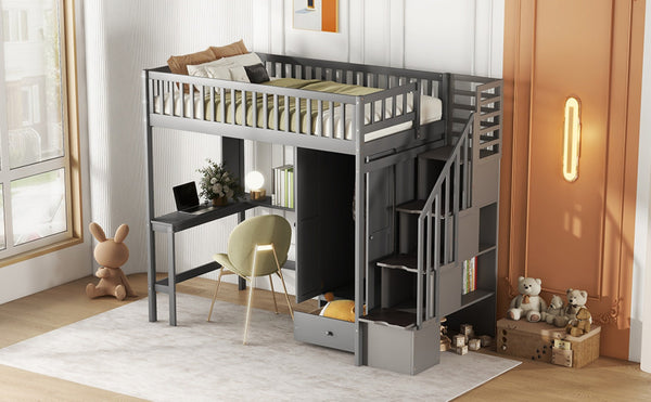 English Elm Twin Loft Bed with Integrated Desk Wardrobe Bookshelf and Storage for Kids Rooms Gray LT100668AAE