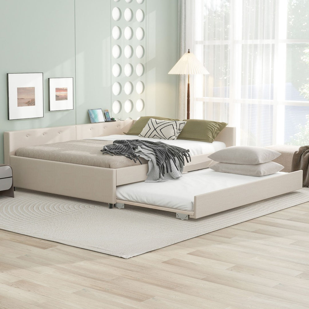 English Elm Queen Linen Upholstered Platform Bed with Pull Out Trundle and Built in Usb Ports DL000559AAA-1