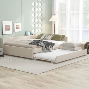 English Elm Queen Linen Upholstered Platform Bed with Pull Out Trundle and Built in Usb Ports DL000559AAA-1