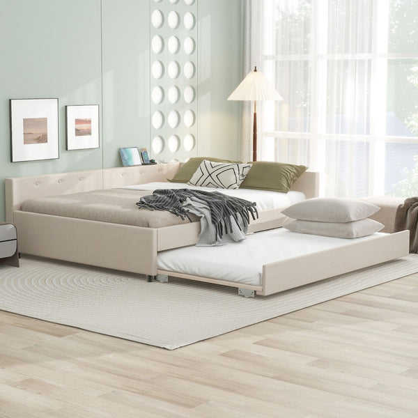 English Elm Queen Linen Upholstered Platform Bed with Pull Out Trundle and Built in Usb Ports DL000559AAA-1