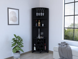 English Elm Corner Bar Cabinet Castle Black – Space-Saving Corner Wine Cabinet with 8 Cubbies, Cup Rack & Shelves for Living Room Durable Particleboard Design B092S00035