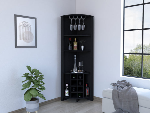 English Elm Corner Bar Cabinet Castle Black – Space-Saving Corner Wine Cabinet with 8 Cubbies, Cup Rack & Shelves for Living Room Durable Particleboard Design B092S00035
