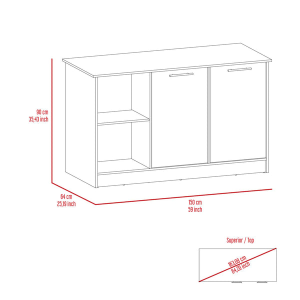 English Elm Kitchen Island Padua White/Light Oak with 59" Countertop, Open Shelves & Double-Door Cabinet Storage — Durable Design B092S00098