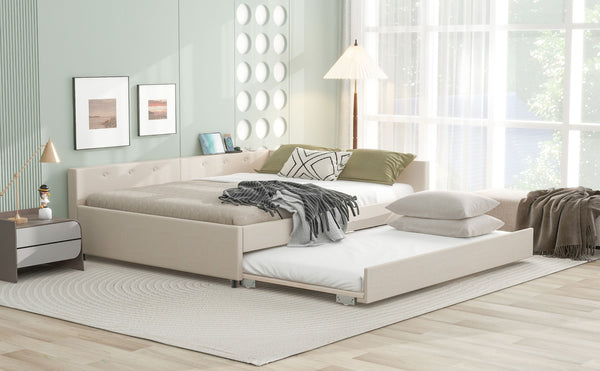 English Elm Queen Linen Upholstered Platform Bed with Pull Out Trundle and Built in Usb Ports DL000559AAA-1