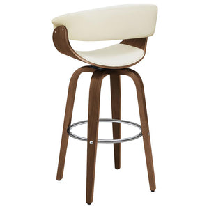 English Elm Walnut Mid-Century Swivel Bar Stool with Ecru Faux Leather Back Walnut Finish Chrome Base Glamorous Comfort B062S00271