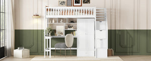 English Elm Twin Loft Bed with Integrated Desk Wardrobe Bookshelf and Storage for Kids Rooms LT100668AAK