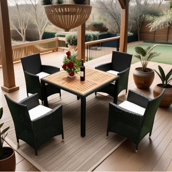 English Elm Eelifee 5-Piece Outdoor Wicker Dining Set With Acacia Wood Top & Plush Crème Cushions For Comfort W329S00039