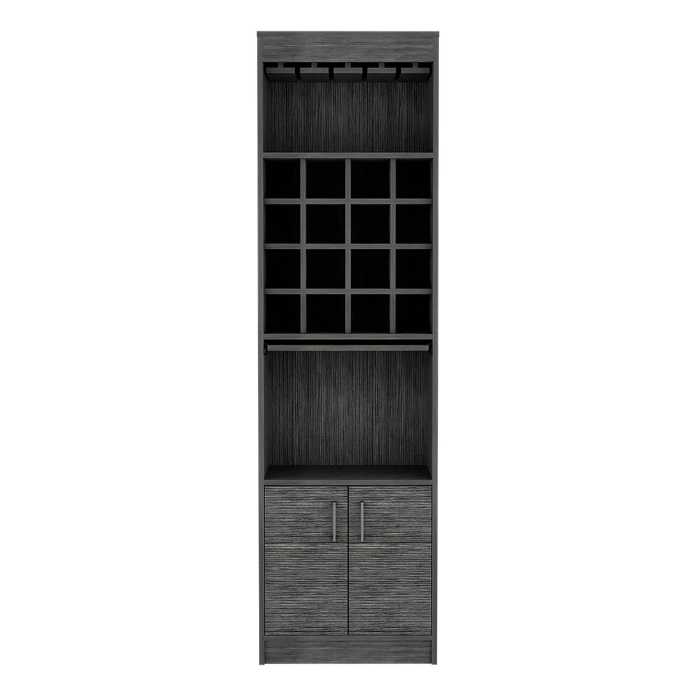 English Elm Bar Cabinet Modoc Smokey Oak Gray – 16 Cubbies, 12-Glass Rack, Retractable Prep Tray, 71.1"H B092S00083