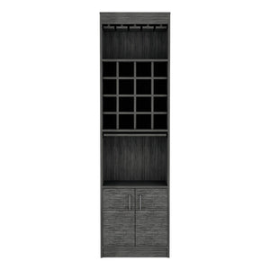 English Elm Bar Cabinet Modoc Smokey Oak Gray – 16 Cubbies, 12-Glass Rack, Retractable Prep Tray, 71.1"H B092S00083