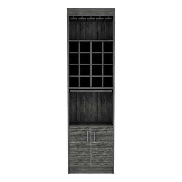 English Elm Bar Cabinet Modoc Smokey Oak Gray – 16 Cubbies, 12-Glass Rack, Retractable Prep Tray, 71.1"H B092S00083
