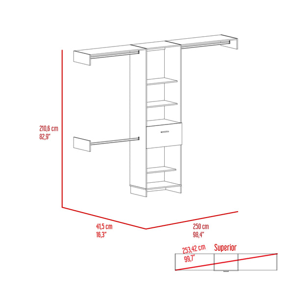 English Elm 250 Closet System British Black - Durable Particle Board Wardrobe with 1 Drawer, 3 Rods, 5 Shelves, 99.7" Top B092S00024