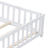 Hearth and Haven Full Size Floor Platform Bed with Fence and Door For Kids, Montessori Floor Bed Frame with Support Slats For Toddlers, Wooden Floor Bed White W1716132147