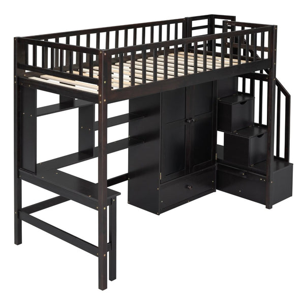 English Elm Twin Loft Bed with Integrated Desk Wardrobe Bookshelf and Storage for Kids Rooms Espresso LT100668AAP