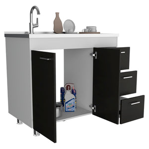 English Elm Utility Sink Cabinet Freestanding Stainless Steel Basin White Farmhouse Storage B092S00067