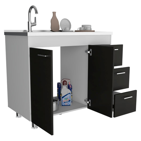 English Elm Utility Sink Cabinet Freestanding Stainless Steel Basin White Farmhouse Storage B092S00067