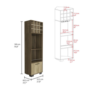 English Elm Corner Bar Cabinet Cataluña Multicolor Mahogany/Aged Oak – 12 Wine Cubbies, Cup Rack, Shelves, Drawer, Durable Finish B092S00038