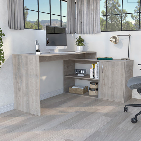 English Elm L-Shaped Desk Desti Light Gray - Durable Particle Board Office Corner Desk with Cabinet & Shelves, Spacious B092S00050