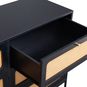 English Elm Rattan 6-Drawer Dresser with Rattan Doors & Gold Handles, Water-Resistant MDF, Spacious Storage W1321132577