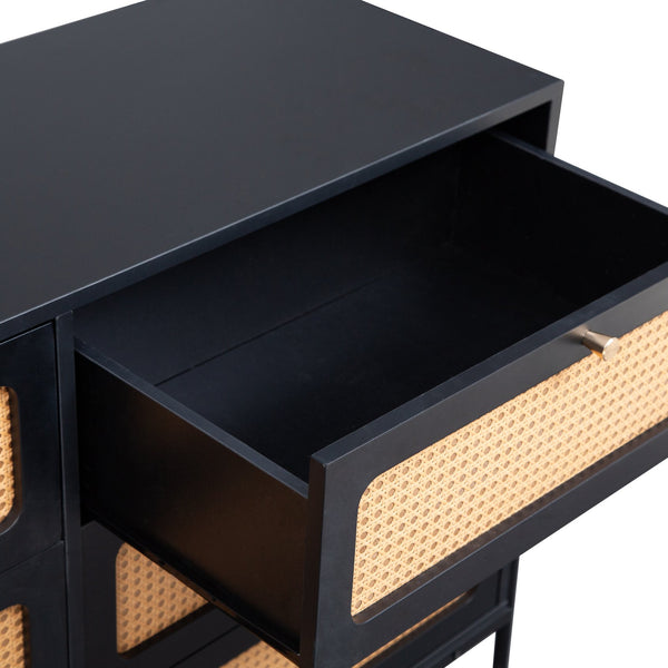 English Elm Rattan 6-Drawer Dresser with Rattan Doors & Gold Handles, Water-Resistant MDF, Spacious Storage W1321132577