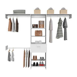 English Elm 250 Closet System British White Bedroom Organizer with Drawer, 3 Rods & 5 Shelves — Durable Particleboard B092S00028